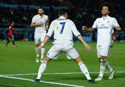 Cristiano Ronaldo celebrates his goal in Japan