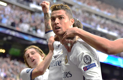 Ronaldo scores and stares at the crowd