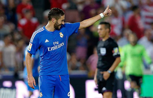 Karim Benzema celebrating his goal for Real Madrid against Granada, in 2013-2014