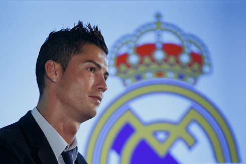 Cristiano Ronaldo looking focused during his new contract press conference