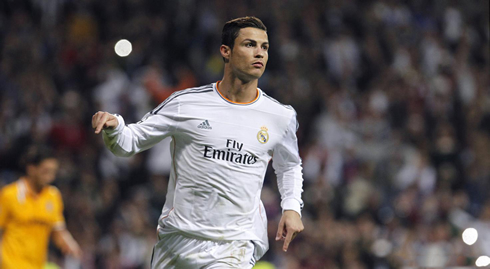 Cristiano Ronaldo pointing down, after scoring against Juve