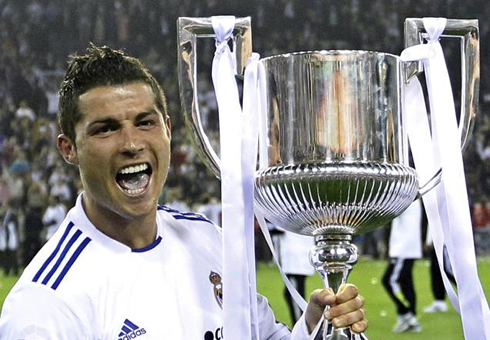 Cristiano Ronaldo after having wonhis first trophy in Spain, the Copa del Rey 2010