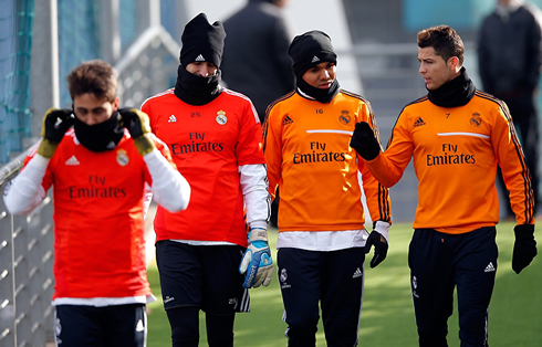 Cristiano Ronaldo talking to Casemiro in training