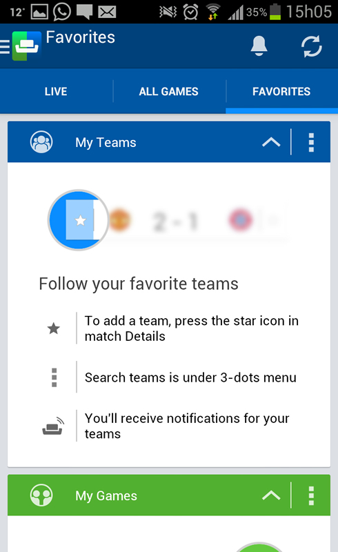 SofaScore favorites tab