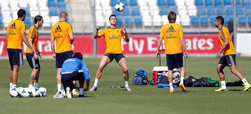 Cristiano Ronaldo preparing to chest down a ball