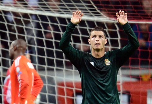 Cristiano Ronaldo wearing the new Real Madrid green jersey, kit, uniform and shirt for 2012-2013, at the UEFA Champions League 2012-2013