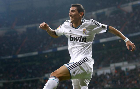 Angel di María celebrating Real Madrid goal at the Santiago Bernabéu, in La Liga 2012-2013