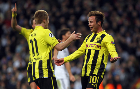 Marco Reus and Mario Götze celebrating Borussia Dortmund goal in the Santiago Bernabéu, against Real Madrid, in the UEFA Champions League 2012-2013