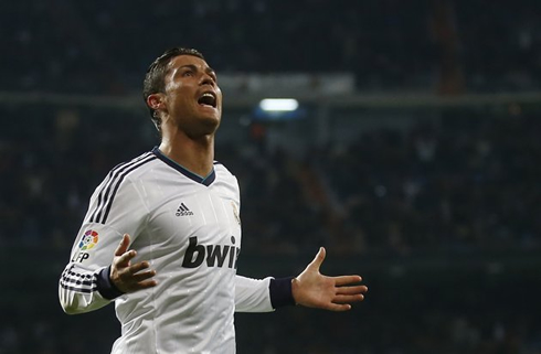 Cristiano Ronaldo scoring and celebrating Real Madrid goal against Real Sociedad, at the Santiago Bernabéu, in 2013