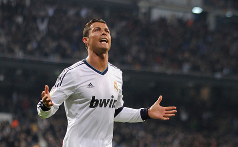 Cristiano Ronaldo walking towards the Santiago Bernabéu fans, to celebrate a goal for Real Madrid in 2013