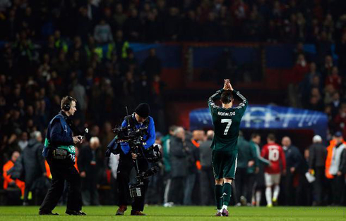 Cristiano Ronaldo thanking and applauding Manchester United fans in the stands of Old Trafford, at the end of Manchester United vs Real Madrid